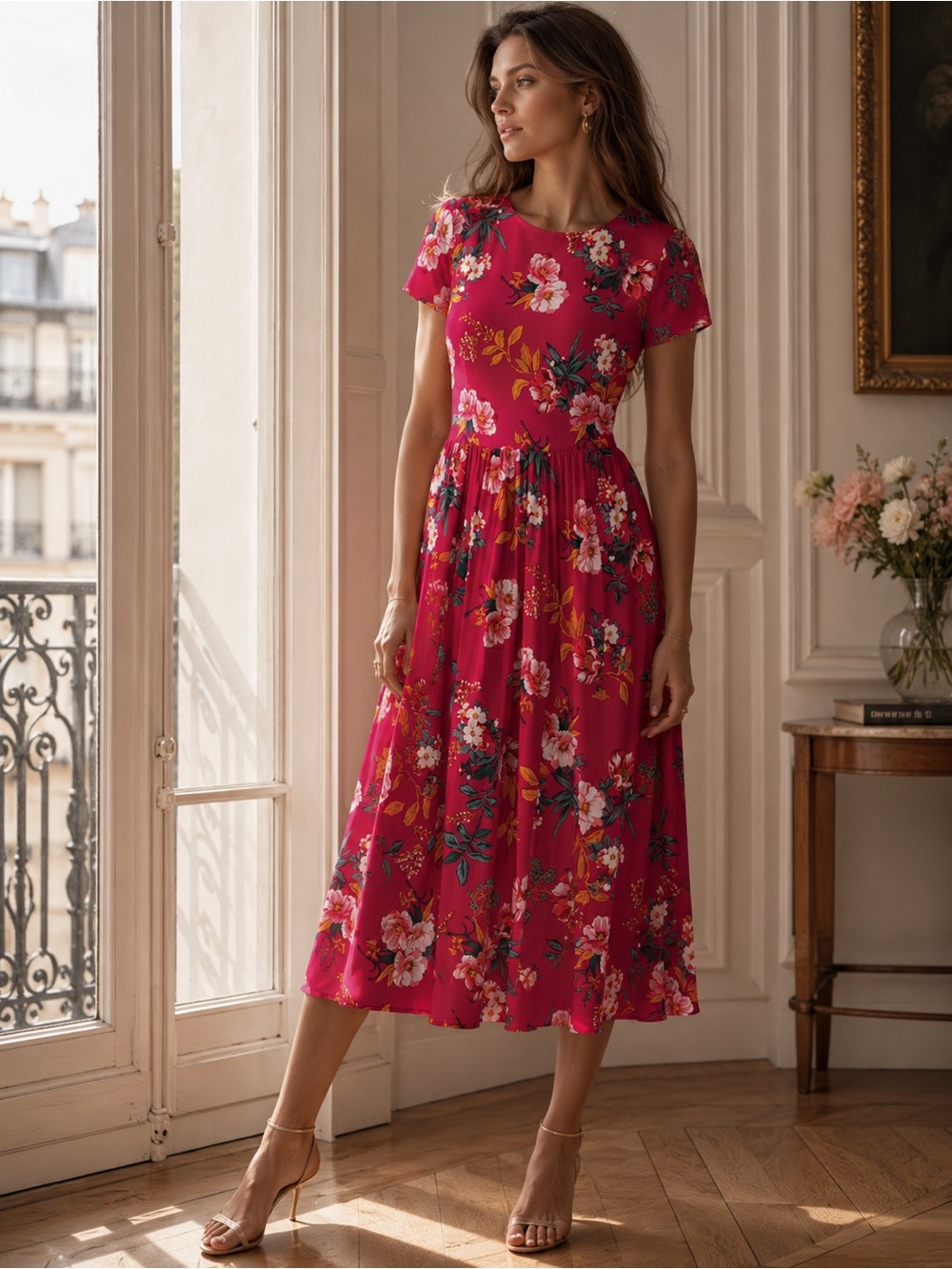 LOFT Fuchsia Floral Fit-and-Flare pleated Midi Dress Flare Wedding Guest Size 8P